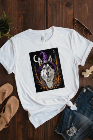 Arafed Wolf Wearing A Witch Hat And A Purple Hat T-Shirt