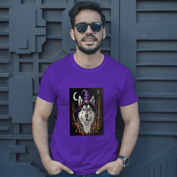 Arafed Wolf Wearing A Witch Hat And A Purple Hat T-Shirt - Image 6