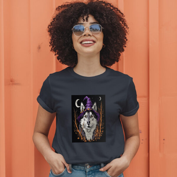 Arafed Wolf Wearing A Witch Hat And A Purple Hat T-Shirt - Image 3