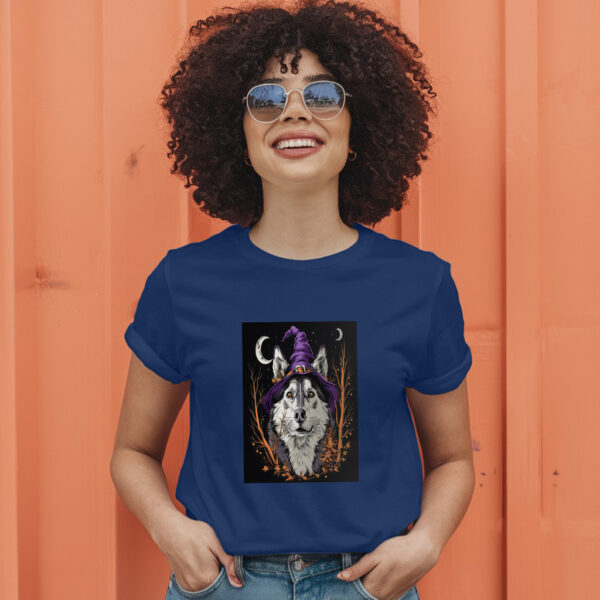 Arafed Wolf Wearing A Witch Hat And A Purple Hat T-Shirt - Image 5