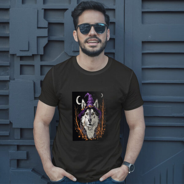 Arafed Wolf Wearing A Witch Hat And A Purple Hat T-Shirt - Image 2