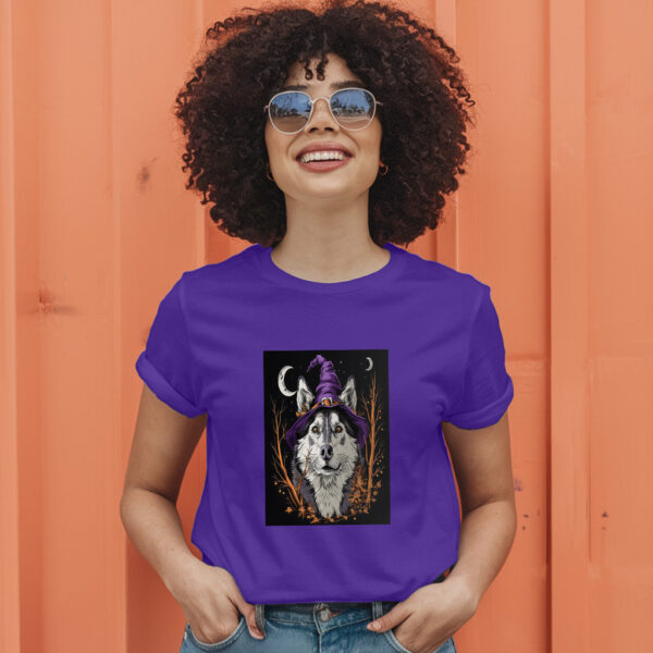 Arafed Wolf Wearing A Witch Hat And A Purple Hat T-Shirt - Image 7