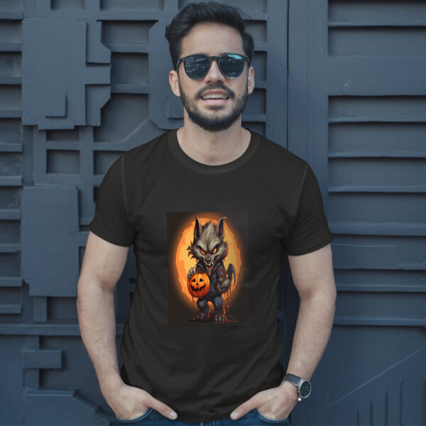 Cartoon Illustration Of A Werewolf Holding A Jack O Lantern Generative Ai T-Shirt - Image 2