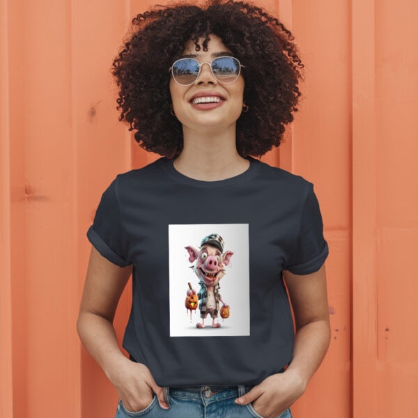 Cartoon Pig With A Hat And A Pumpkin In His Hand Generative Ai T-Shirt - Image 3