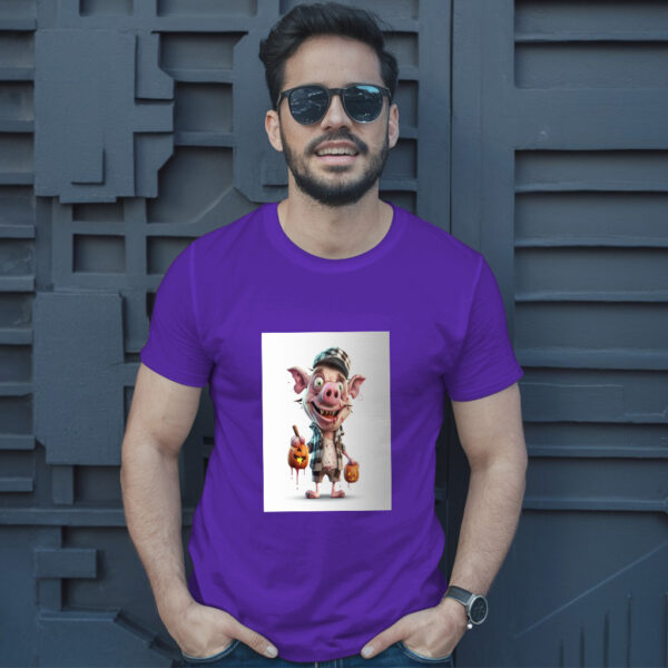 Cartoon Pig With A Hat And A Pumpkin In His Hand Generative Ai T-Shirt - Image 6