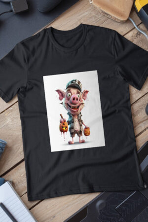 Cartoon Pig With A Hat And A Pumpkin In His Hand Generative Ai T-Shirt