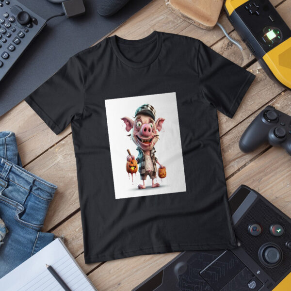 Cartoon Pig With A Hat And A Pumpkin In His Hand Generative Ai T-Shirt