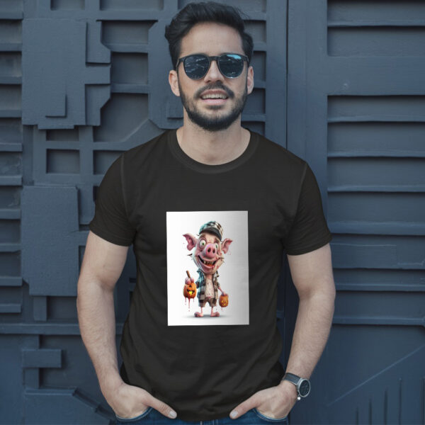 Cartoon Pig With A Hat And A Pumpkin In His Hand Generative Ai T-Shirt - Image 2