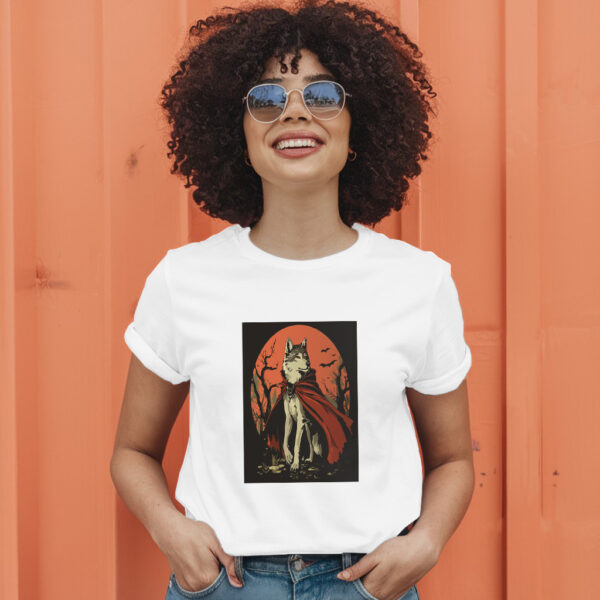 Charming Vector Illustration Of A Wolf In Vampire Attire T-Shirt - Image 11