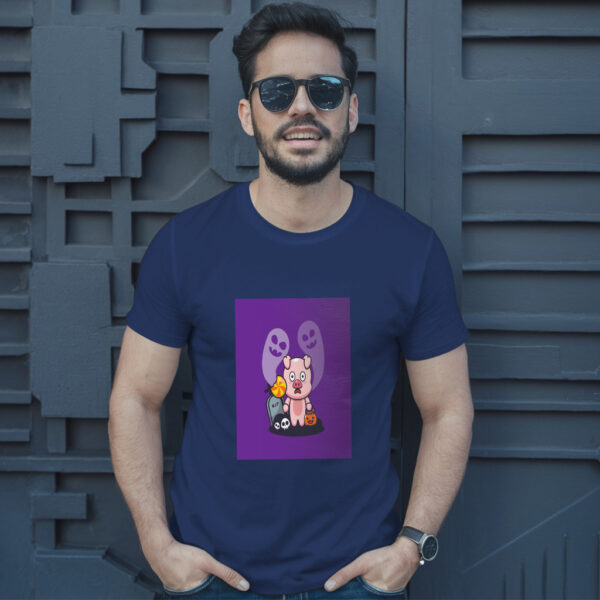 Cute Pig Scared By Ghost In Halloween Day  Halloween Cartoon Illustration T-Shirt - Image 4