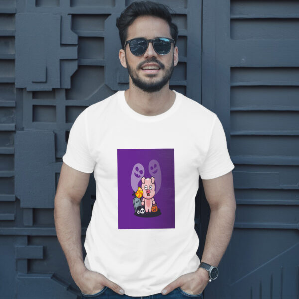 Cute Pig Scared By Ghost In Halloween Day  Halloween Cartoon Illustration T-Shirt - Image 10