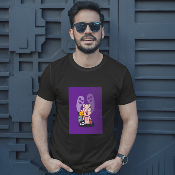 Cute Pig Scared By Ghost In Halloween Day  Halloween Cartoon Illustration T-Shirt - Image 2