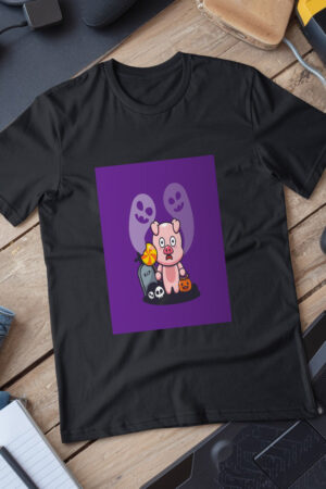 Cute Pig Scared By Ghost In Halloween Day  Halloween Cartoon Illustration T-Shirt