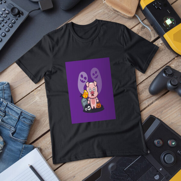 Cute Pig Scared By Ghost In Halloween Day  Halloween Cartoon Illustration T-Shirt