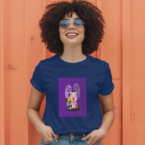 Cute Pig Scared By Ghost In Halloween Day  Halloween Cartoon Illustration T-Shirt - Image 5