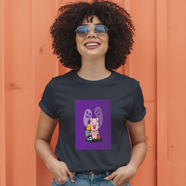Cute Pig Scared By Ghost In Halloween Day  Halloween Cartoon Illustration T-Shirt - Image 3