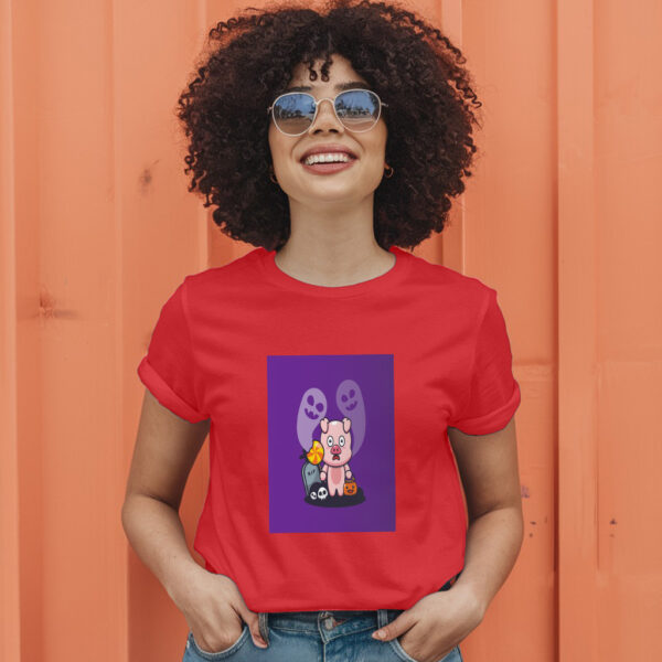 Cute Pig Scared By Ghost In Halloween Day  Halloween Cartoon Illustration T-Shirt - Image 9