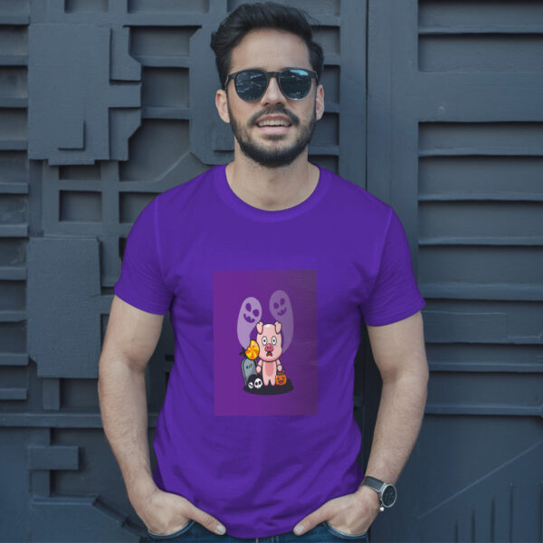 Cute Pig Scared By Ghost In Halloween Day  Halloween Cartoon Illustration T-Shirt - Image 6