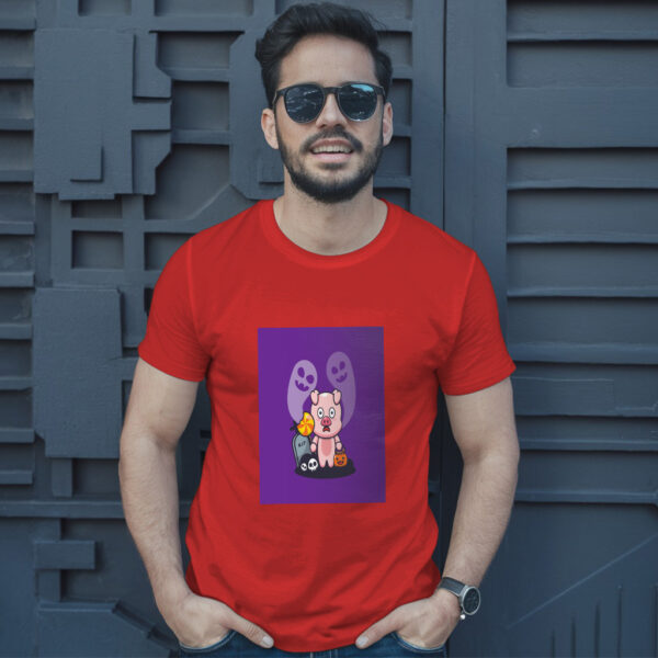 Cute Pig Scared By Ghost In Halloween Day  Halloween Cartoon Illustration T-Shirt - Image 8