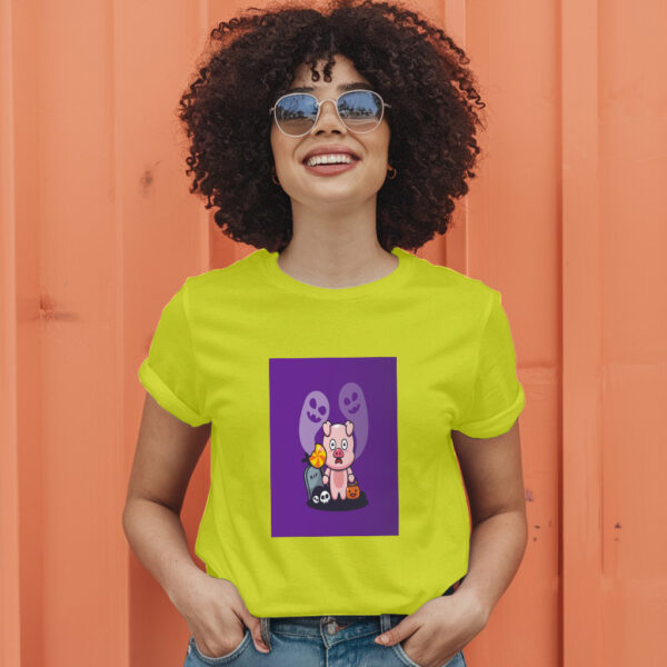 Cute Pig Scared By Ghost In Halloween Day  Halloween Cartoon Illustration T-Shirt - Image 13