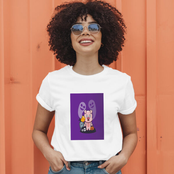 Cute Pig Scared By Ghost In Halloween Day  Halloween Cartoon Illustration T-Shirt - Image 11