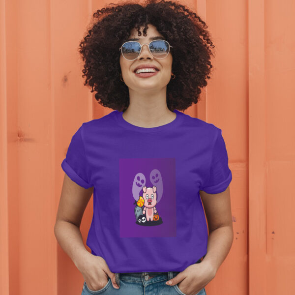 Cute Pig Scared By Ghost In Halloween Day  Halloween Cartoon Illustration T-Shirt - Image 7