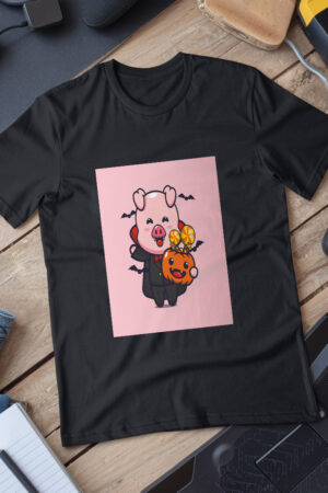 Cute Pig Vampire Holding Halloween Pumpkin  Halloween Cartoon Illustration T-Shirt