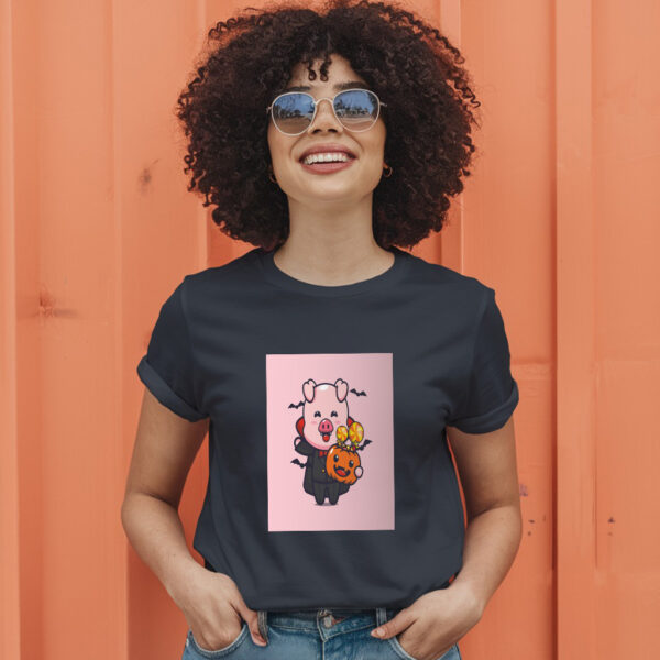Cute Pig Vampire Holding Halloween Pumpkin  Halloween Cartoon Illustration T-Shirt - Image 3
