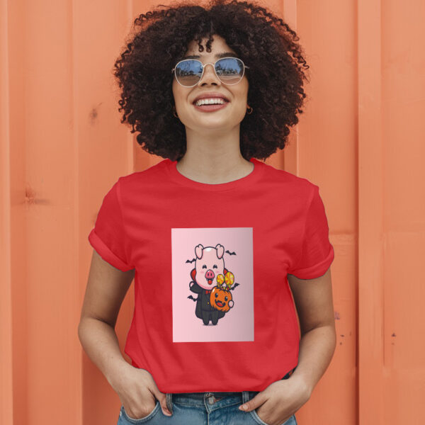 Cute Pig Vampire Holding Halloween Pumpkin  Halloween Cartoon Illustration T-Shirt - Image 9