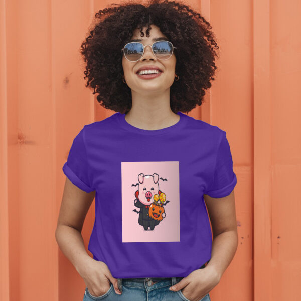 Cute Pig Vampire Holding Halloween Pumpkin  Halloween Cartoon Illustration T-Shirt - Image 7