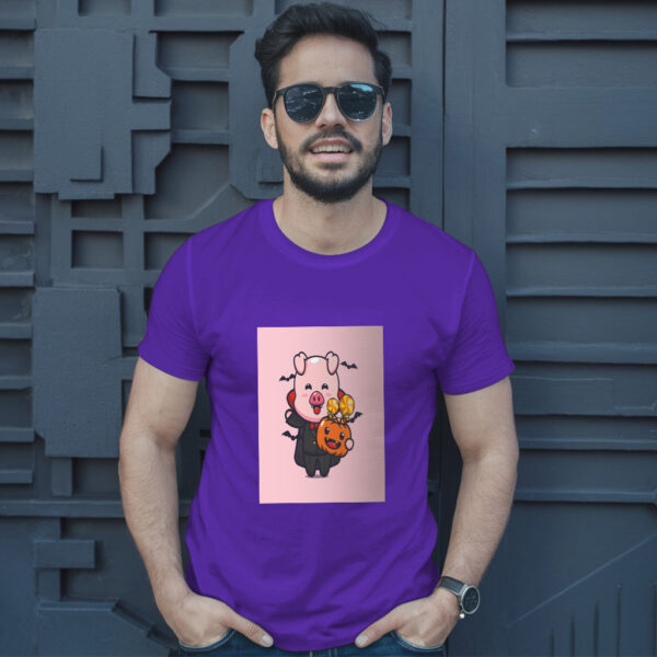 Cute Pig Vampire Holding Halloween Pumpkin  Halloween Cartoon Illustration T-Shirt - Image 6