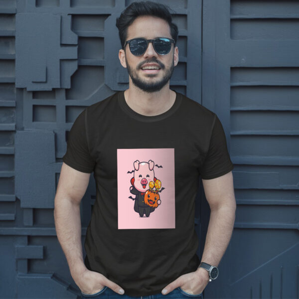 Cute Pig Vampire Holding Halloween Pumpkin  Halloween Cartoon Illustration T-Shirt - Image 2