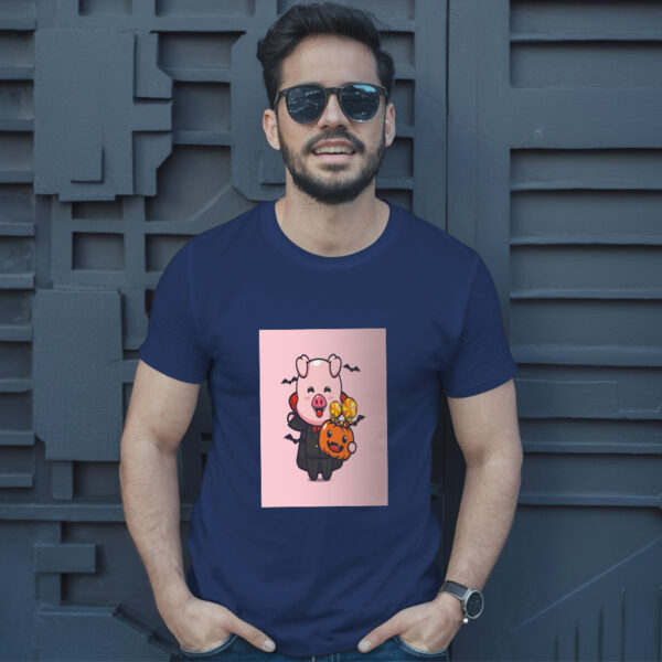 Cute Pig Vampire Holding Halloween Pumpkin  Halloween Cartoon Illustration T-Shirt - Image 4
