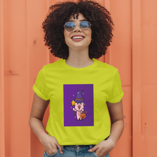Cute Pig Witch With Magic Wand Carrying Halloween Pumpkin  Halloween Cartoon Illustration T-Shirt - Image 13