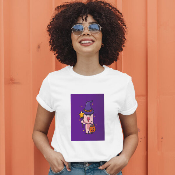 Cute Pig Witch With Magic Wand Carrying Halloween Pumpkin  Halloween Cartoon Illustration T-Shirt - Image 11