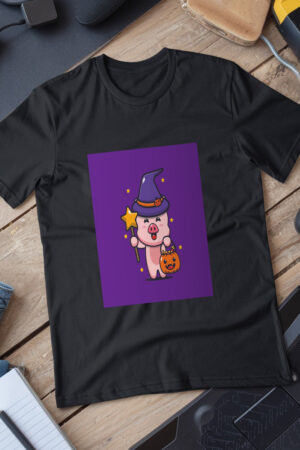 Cute Pig Witch With Magic Wand Carrying Halloween Pumpkin  Halloween Cartoon Illustration T-Shirt