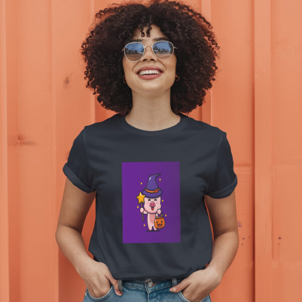 Cute Pig Witch With Magic Wand Carrying Halloween Pumpkin  Halloween Cartoon Illustration T-Shirt - Image 3