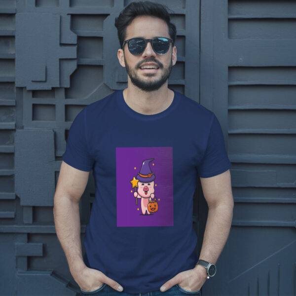 Cute Pig Witch With Magic Wand Carrying Halloween Pumpkin  Halloween Cartoon Illustration T-Shirt - Image 4