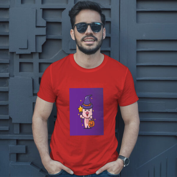 Cute Pig Witch With Magic Wand Carrying Halloween Pumpkin  Halloween Cartoon Illustration T-Shirt - Image 8