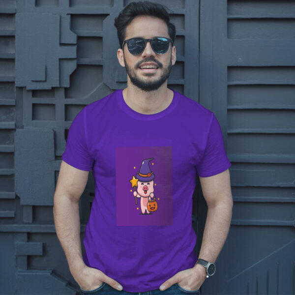 Cute Pig Witch With Magic Wand Carrying Halloween Pumpkin  Halloween Cartoon Illustration T-Shirt - Image 6