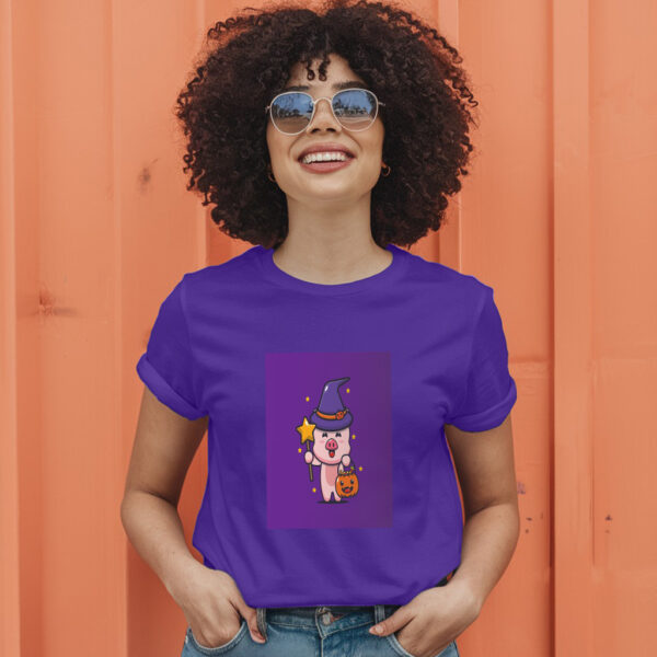 Cute Pig Witch With Magic Wand Carrying Halloween Pumpkin  Halloween Cartoon Illustration T-Shirt - Image 7