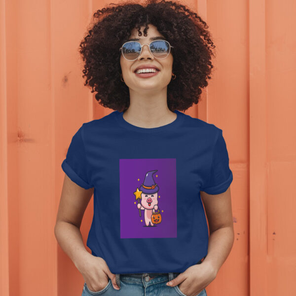Cute Pig Witch With Magic Wand Carrying Halloween Pumpkin  Halloween Cartoon Illustration T-Shirt - Image 5