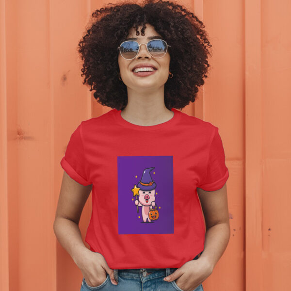 Cute Pig Witch With Magic Wand Carrying Halloween Pumpkin  Halloween Cartoon Illustration T-Shirt - Image 9