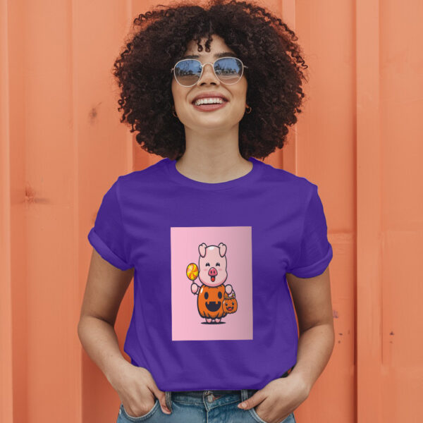 Cute Pig With Halloween Pumpkin Costume  Halloween Cartoon Illustration T-Shirt - Image 7