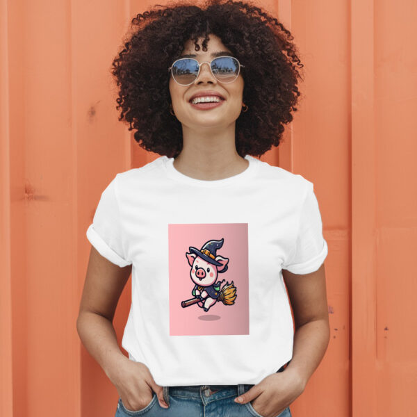 Cute Witch Pig Flying With Magic Broom Cartoon Vector Icon Illustration T-Shirt - Image 11