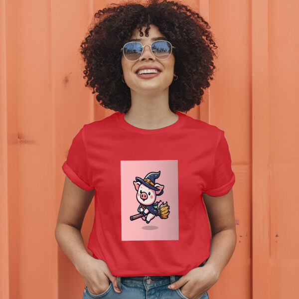 Cute Witch Pig Flying With Magic Broom Cartoon Vector Icon Illustration T-Shirt - Image 9