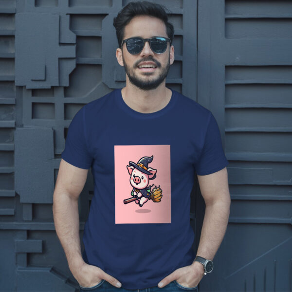 Cute Witch Pig Flying With Magic Broom Cartoon Vector Icon Illustration T-Shirt - Image 4