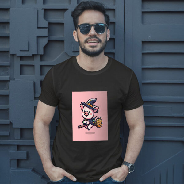 Cute Witch Pig Flying With Magic Broom Cartoon Vector Icon Illustration T-Shirt - Image 2