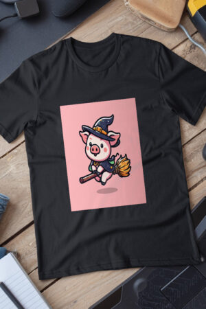 Cute Witch Pig Flying With Magic Broom Cartoon Vector Icon Illustration T-Shirt