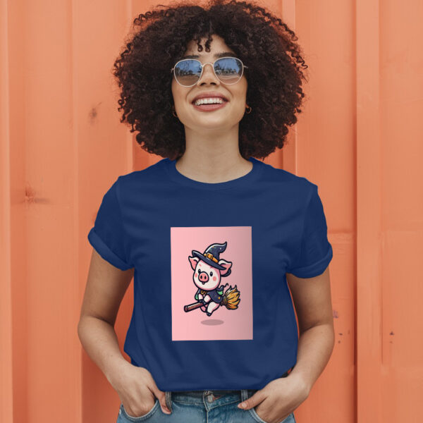 Cute Witch Pig Flying With Magic Broom Cartoon Vector Icon Illustration T-Shirt - Image 5